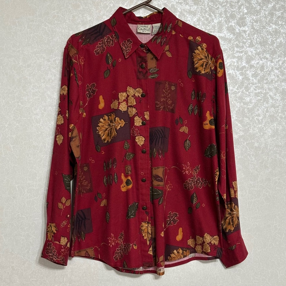 Koret City Blues Leaf Print Button Down Shirt Cotton Rayon Fall Burgundy Red L